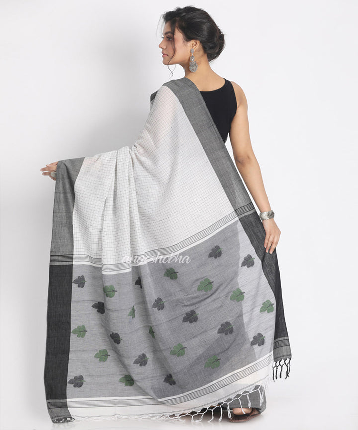 White Black Handwoven Cotton bengal Saree