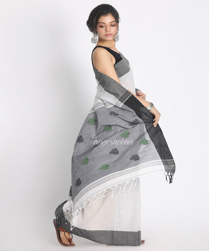 White Black Handwoven Cotton bengal Saree