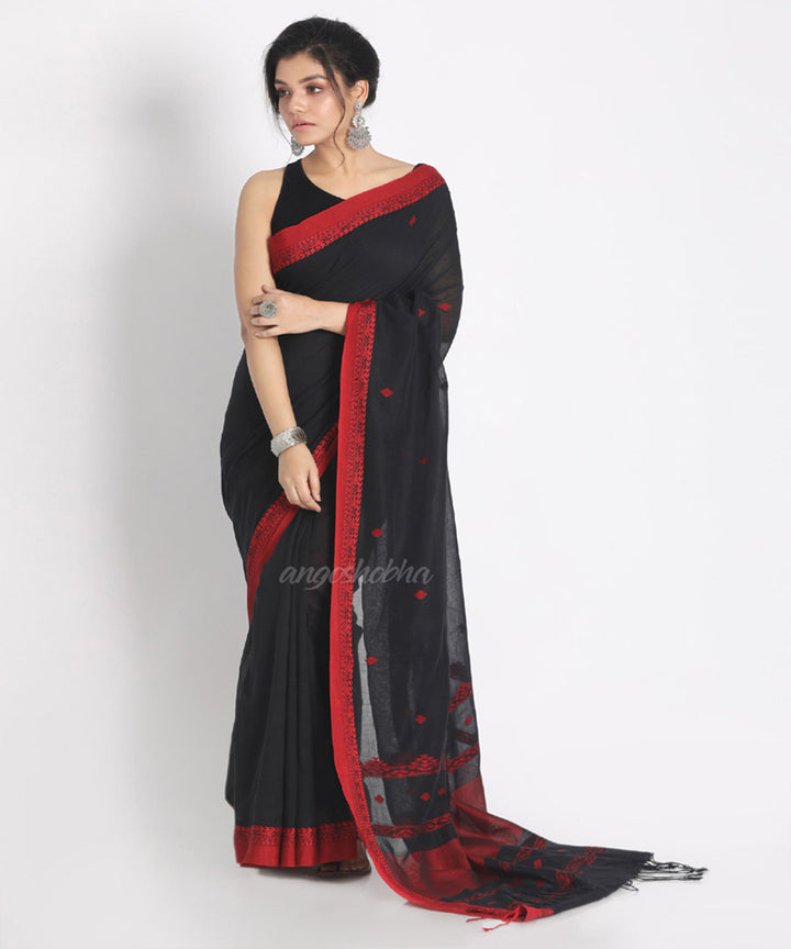 Black Red Handwoven Cotton bengal Saree
