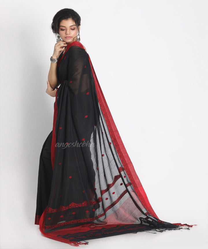 Black Red Handwoven Cotton bengal Saree