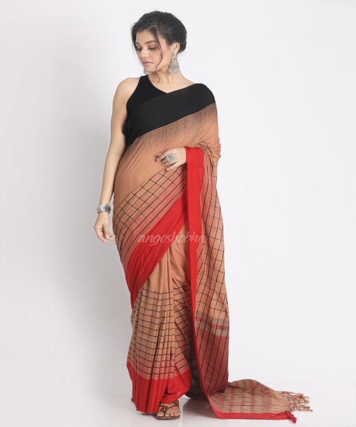 Light orange Handwoven Cotton bengal Saree