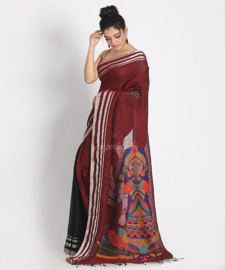 Maroon Black Handwoven Linen bengal saree