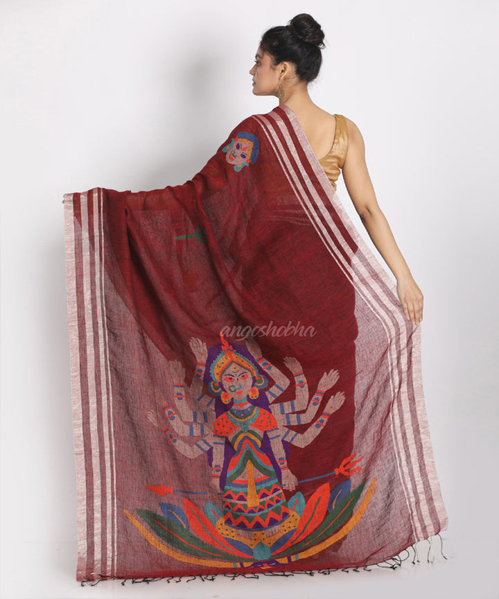 Maroon Black Handwoven Linen bengal saree
