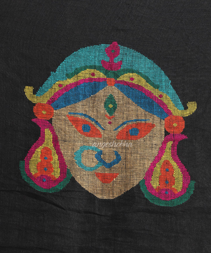 Maroon Black Handwoven Linen bengal saree