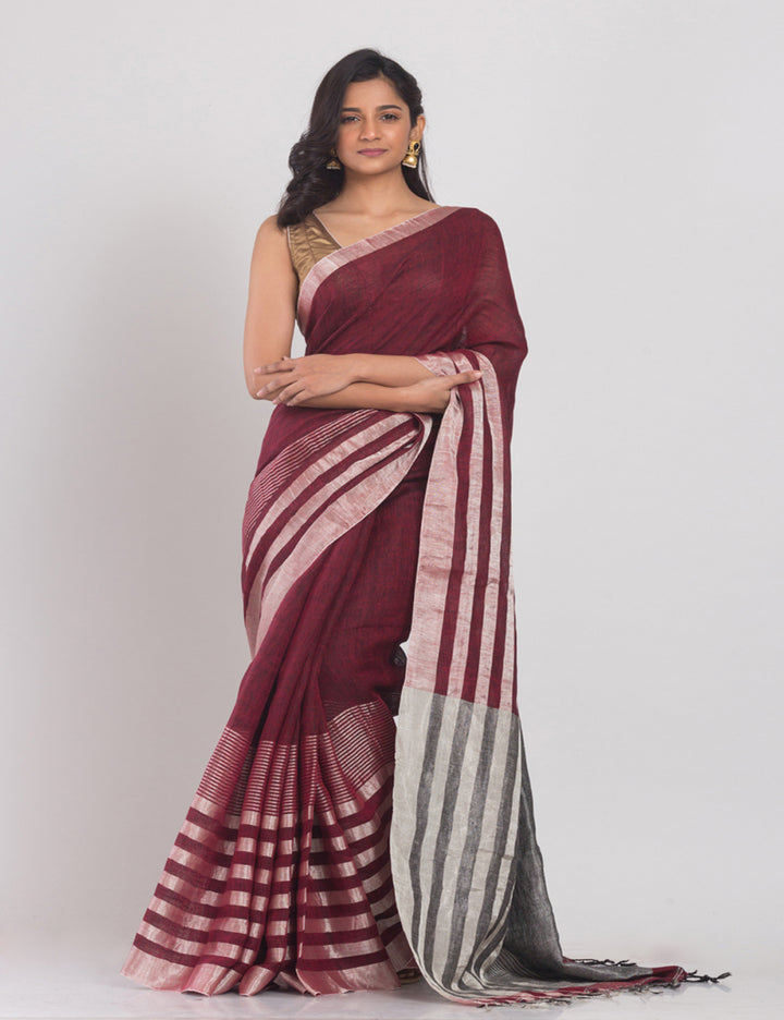 Maroon Silver Handloom Linen bengal saree