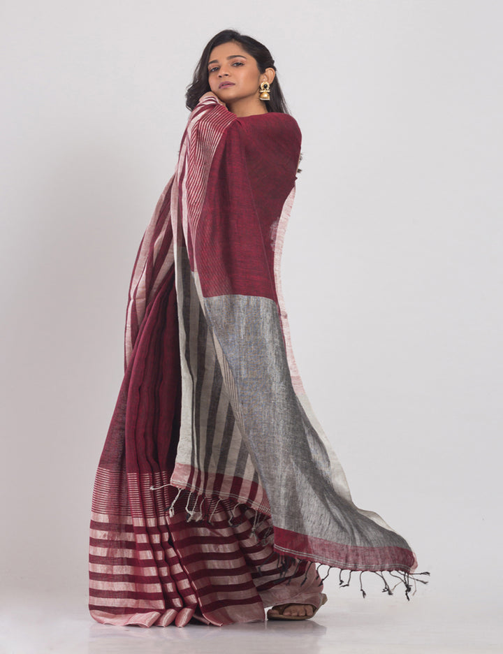 Maroon Silver Handloom Linen bengal saree