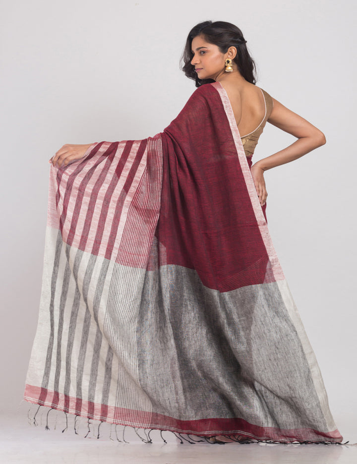 Maroon Silver Handloom Linen bengal saree
