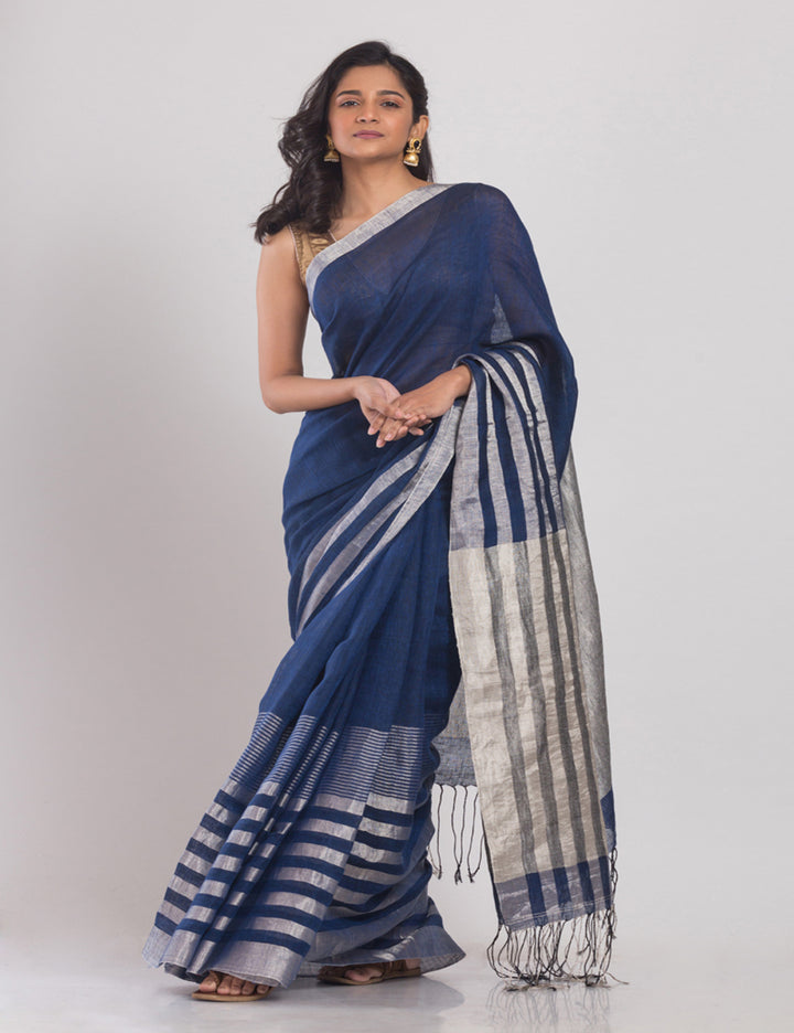 Indigo Silver Handwoven Linen bengal saree