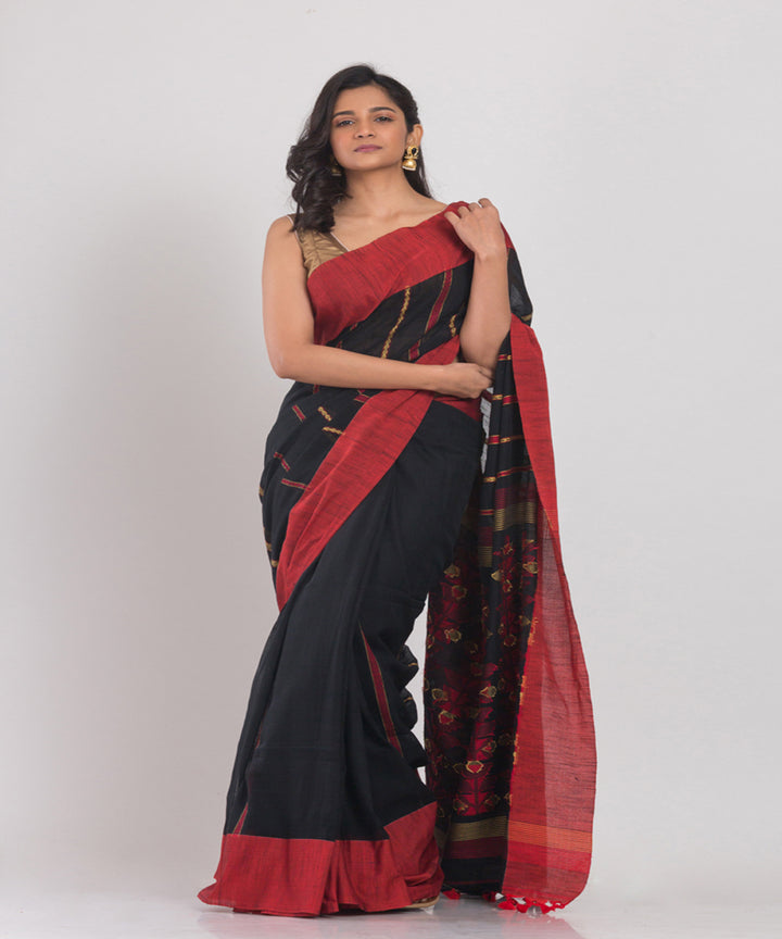 Black red handloom cotton bengal saree