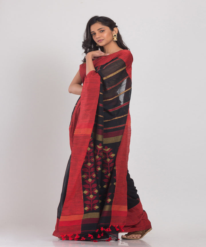 Black red handloom cotton bengal saree
