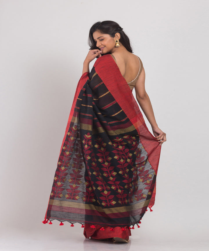 Black red handloom cotton bengal saree