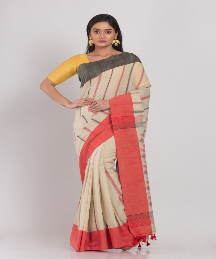 Cream Handwoven Cotton bengal saree