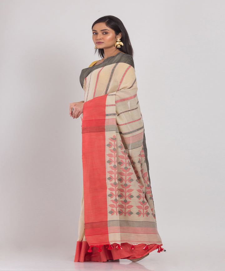 Cream Handwoven Cotton bengal saree
