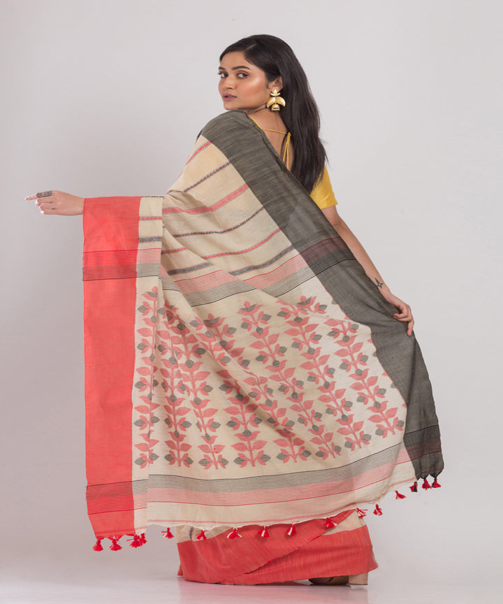 Cream Handwoven Cotton bengal saree