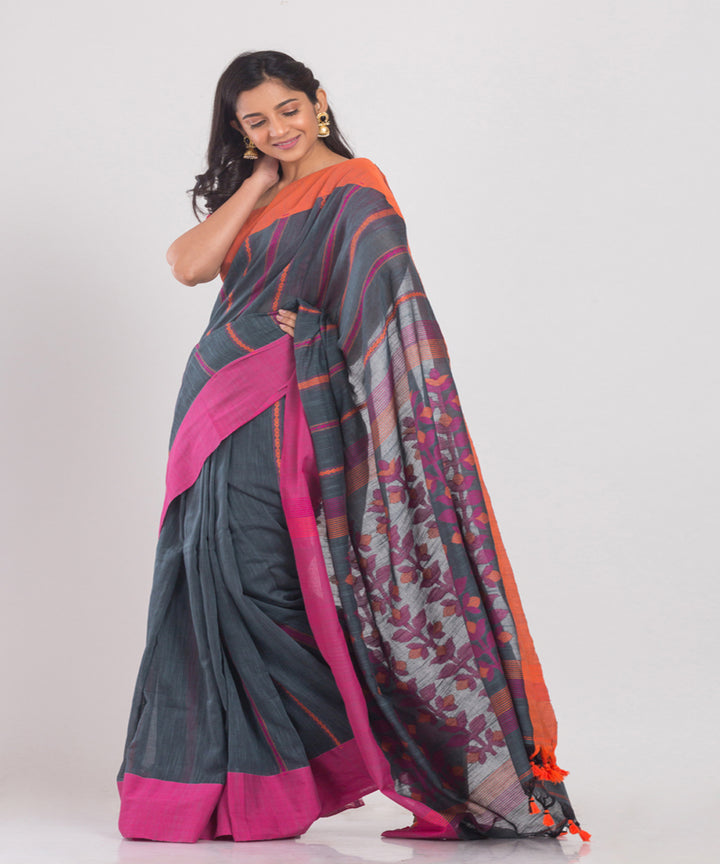 Grey Handwoven Cotton bengal saree