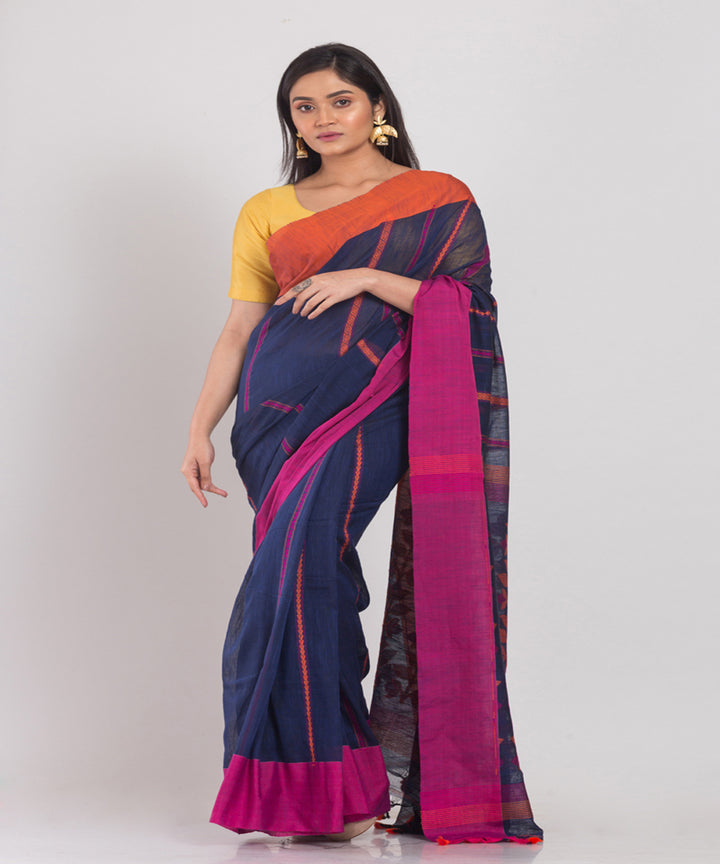 Navy Blue Handwoven Cotton bengal saree
