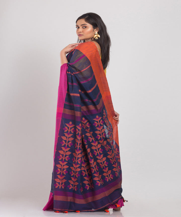 Navy Blue Handwoven Cotton bengal saree