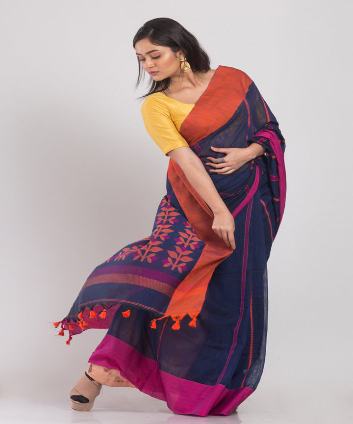 Navy Blue Handwoven Cotton bengal saree