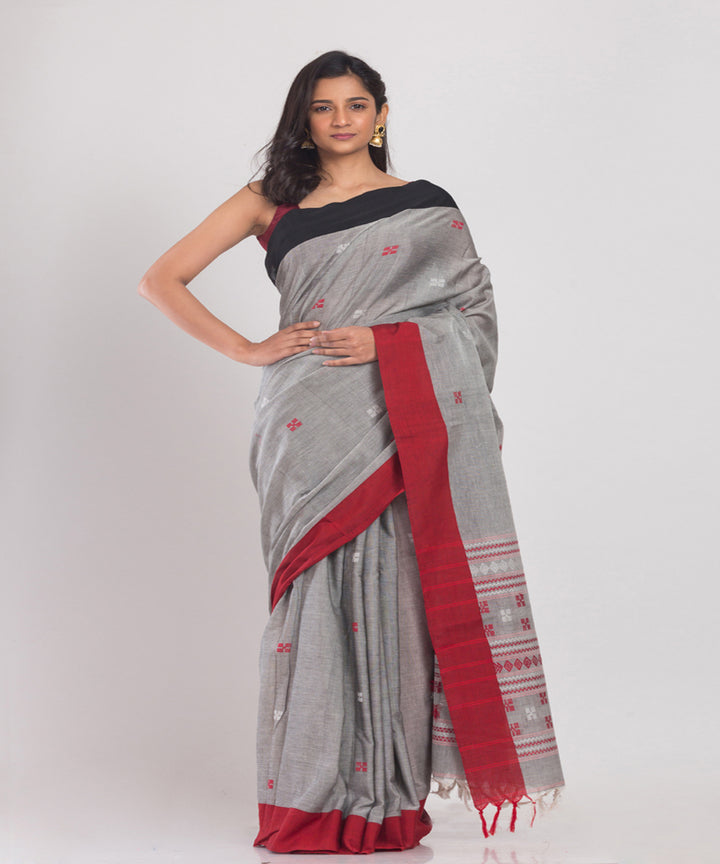 Grey Silver Handwoven Cotton bengal saree
