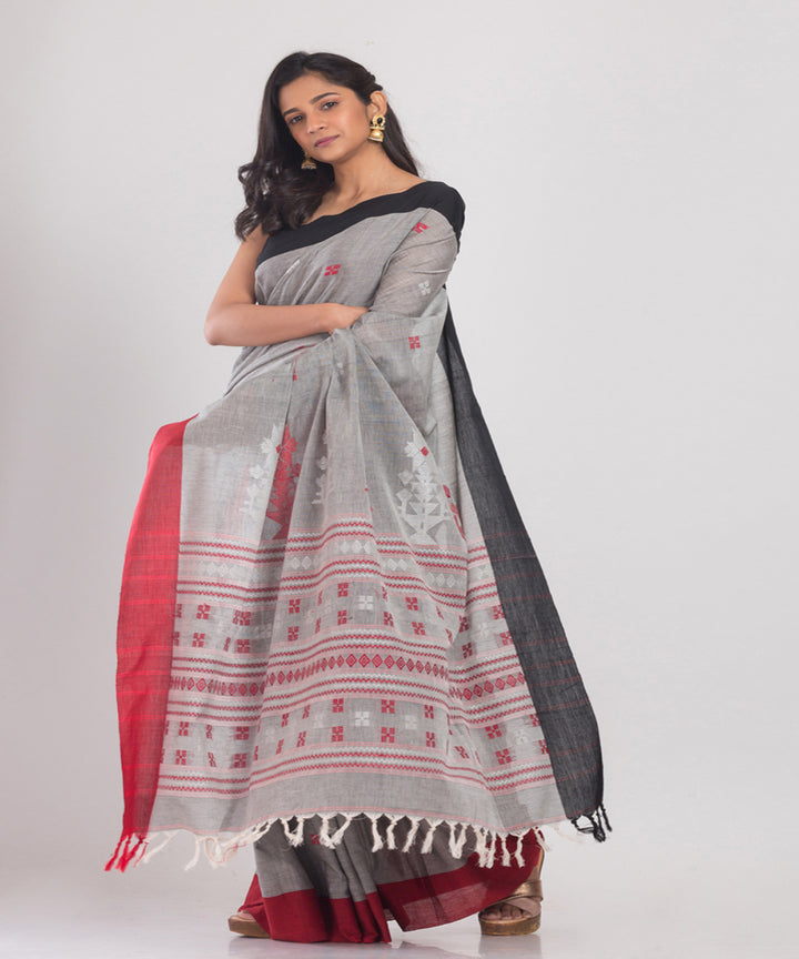 Grey Silver Handwoven Cotton bengal saree
