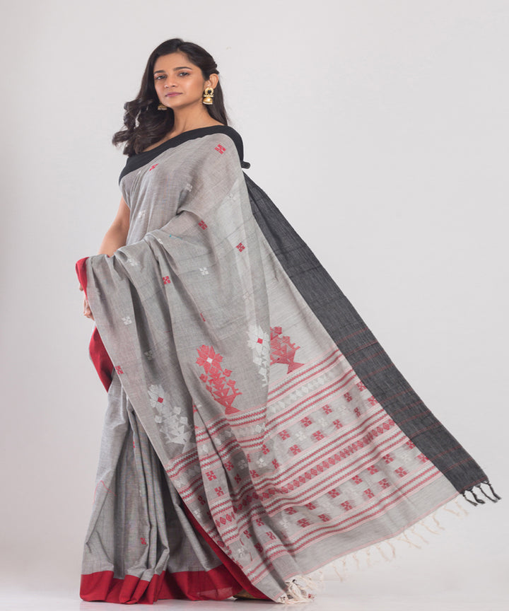 Grey Silver Handwoven Cotton bengal saree