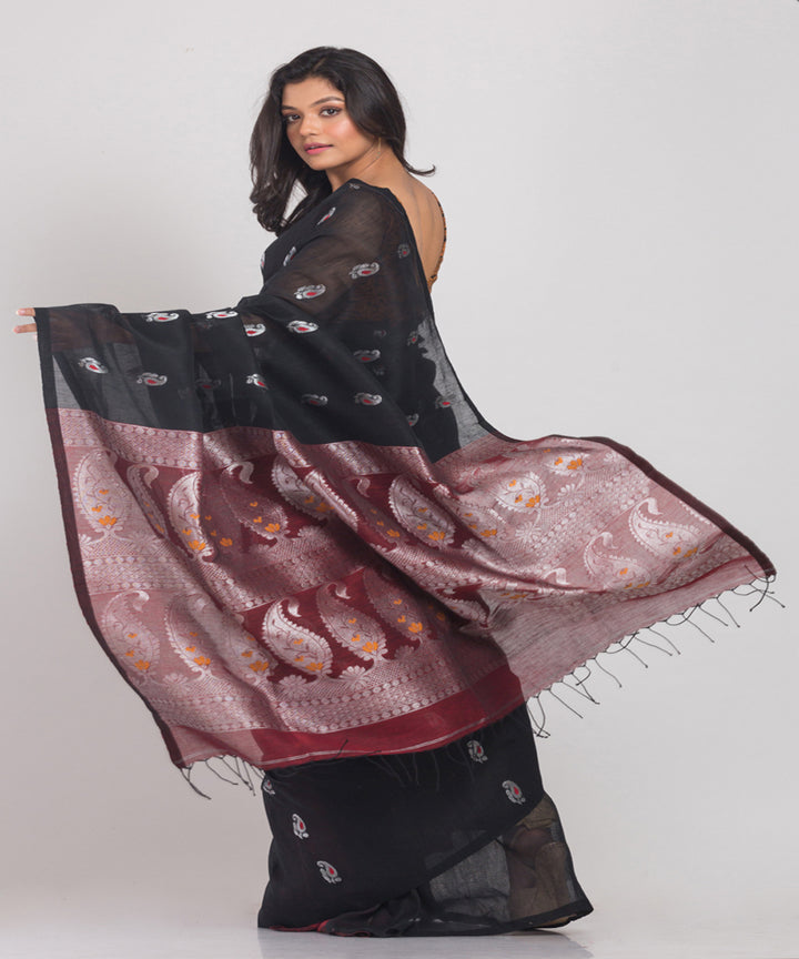 Black Handwoven Linen bengal saree