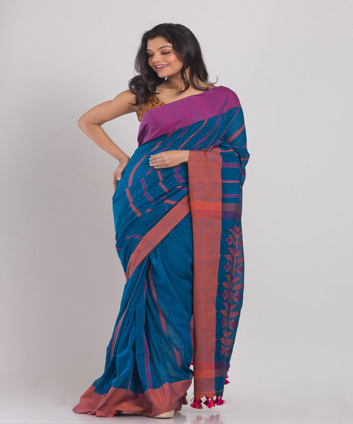 Dark Blue Handwoven Cotton bengal saree