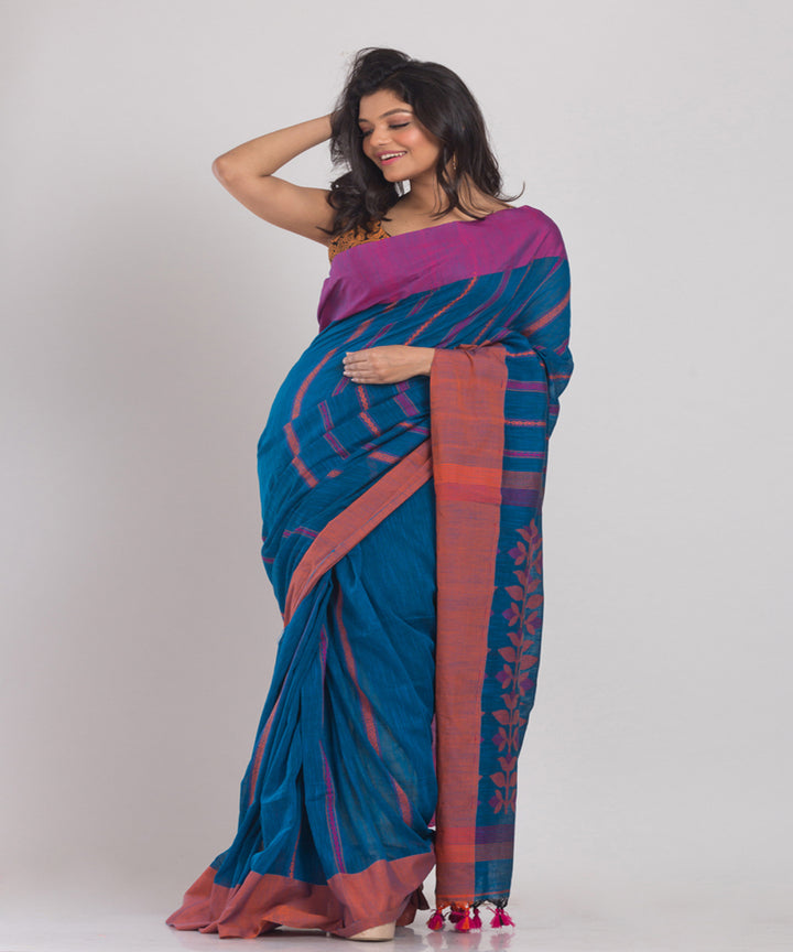 Dark Blue Handwoven Cotton bengal saree