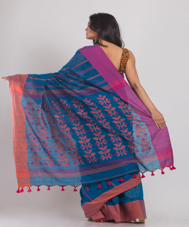 Dark Blue Handwoven Cotton bengal saree