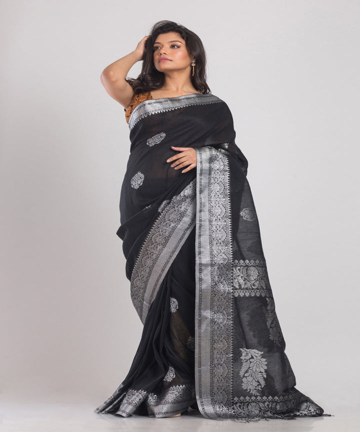 Black Silver Handwoven Linen bengal saree