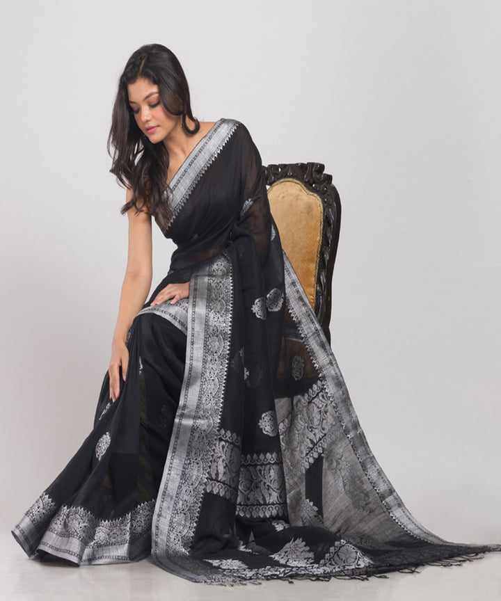 Black Silver Handwoven Linen bengal saree