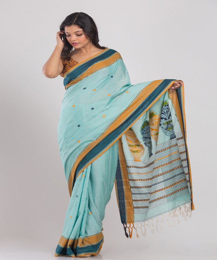 Pale sky blue handwoven cotton bengal saree