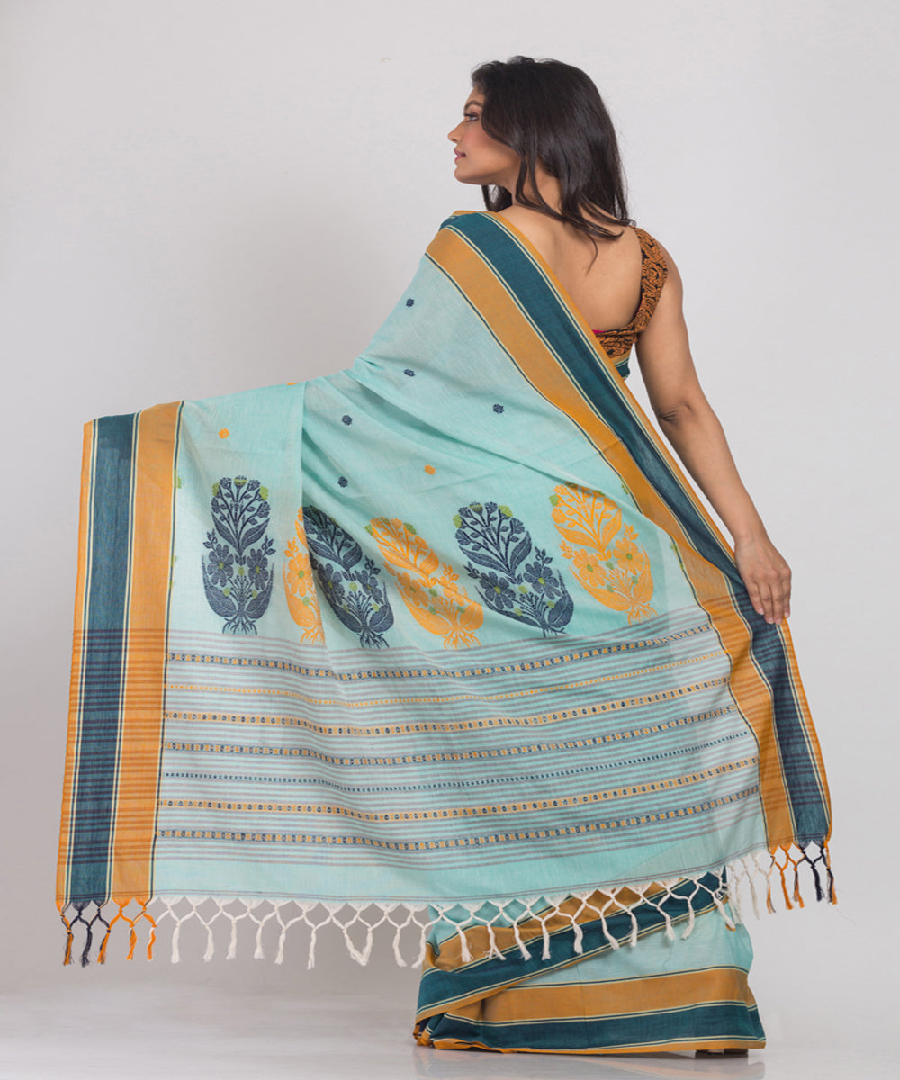 Pale sky blue handwoven cotton bengal saree