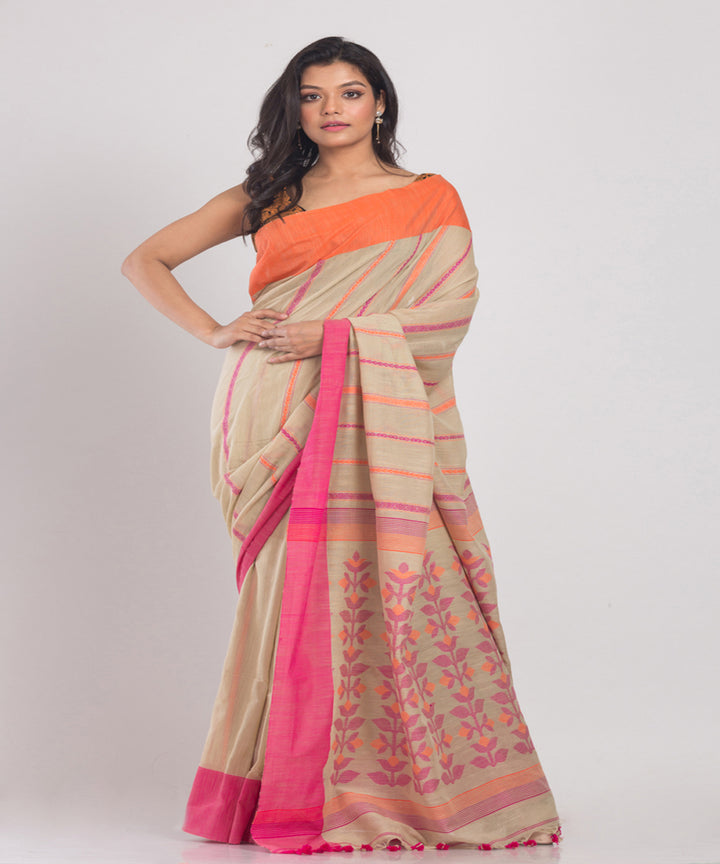 Beige Handwoven Cotton bengal saree