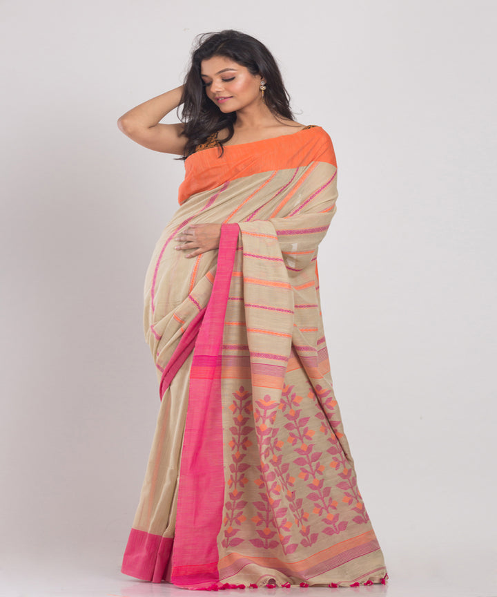 Beige Handwoven Cotton bengal saree