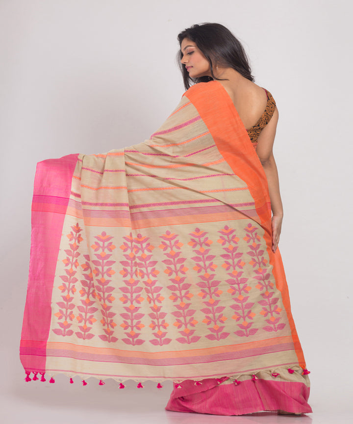 Beige Handwoven Cotton bengal saree