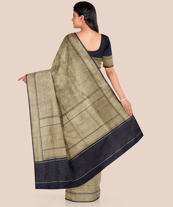 Cream dark navy blue handwoven katan silk banarasi saree