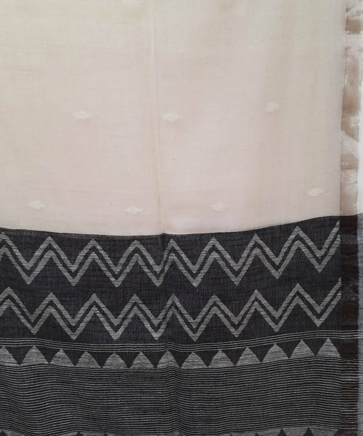 Handwoven off white jamdani muslin saree with silver zari border