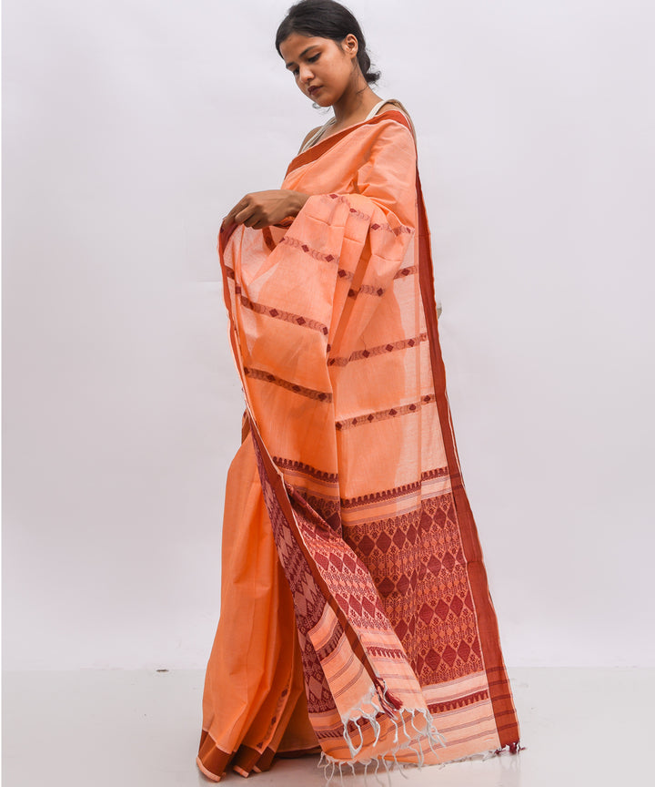 Peach maroon cotton handwoven assam saree