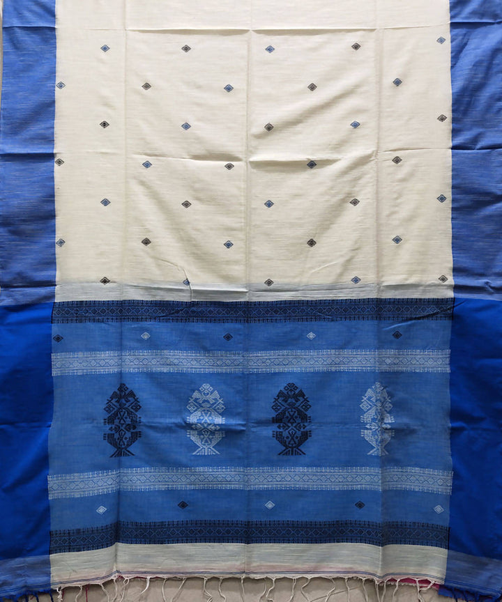 Beige and blue handwoven cotton saree