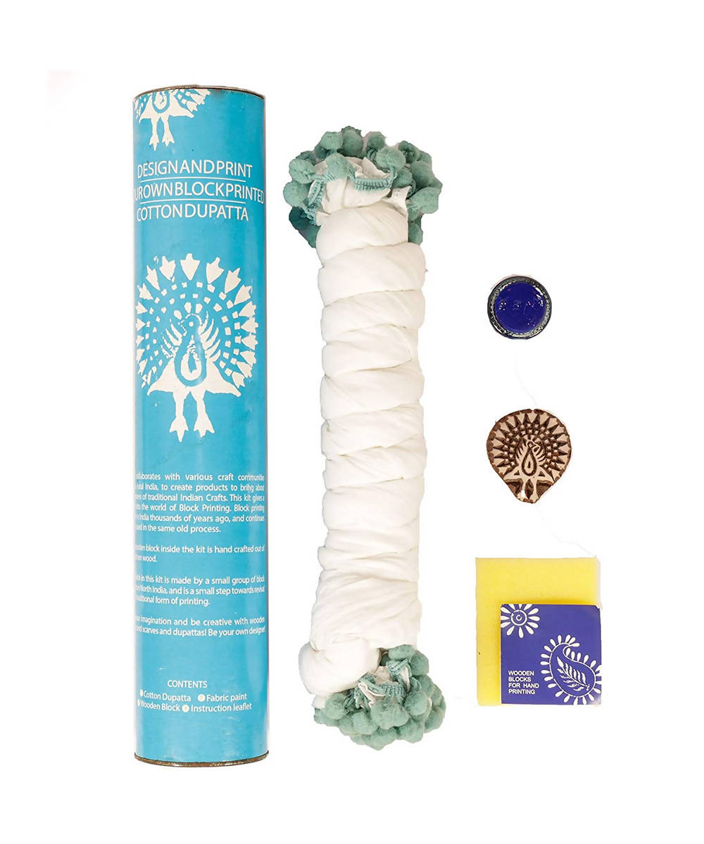 Handmade Wooden Peacock Block Print DIY Craft Kit Dupatta (Blue)