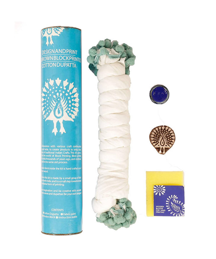 Handmade Wooden Peacock Block Print DIY Craft Kit Dupatta (Blue)