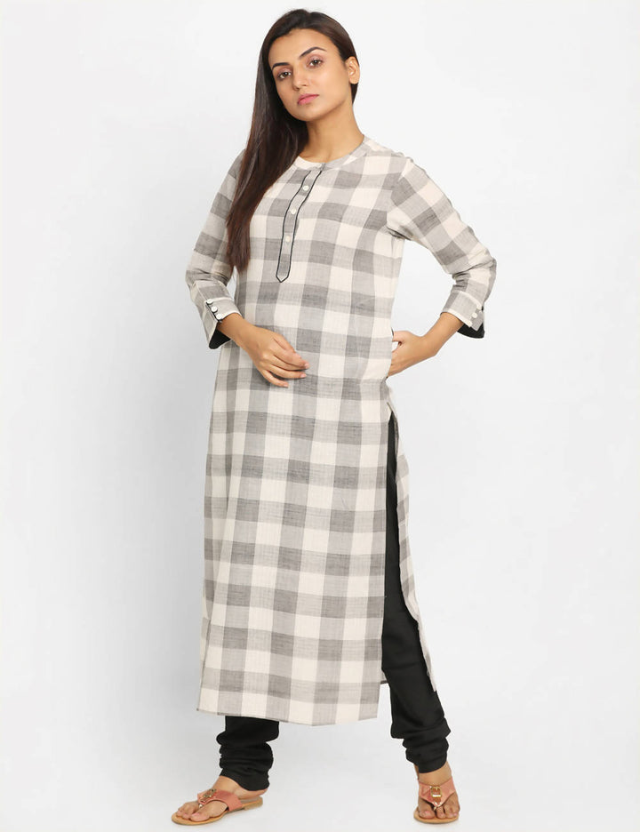 grey white checks Handwoven Cotton Kurta