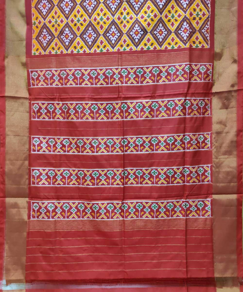 Mustard and red handwoven ikkat silk pochampally saree