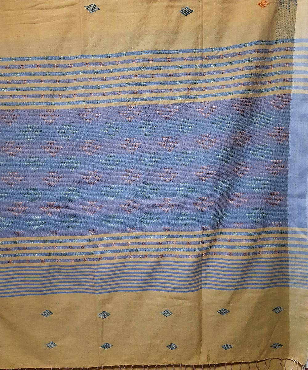Greenish beige hand embroidery bengal cotton handloom saree
