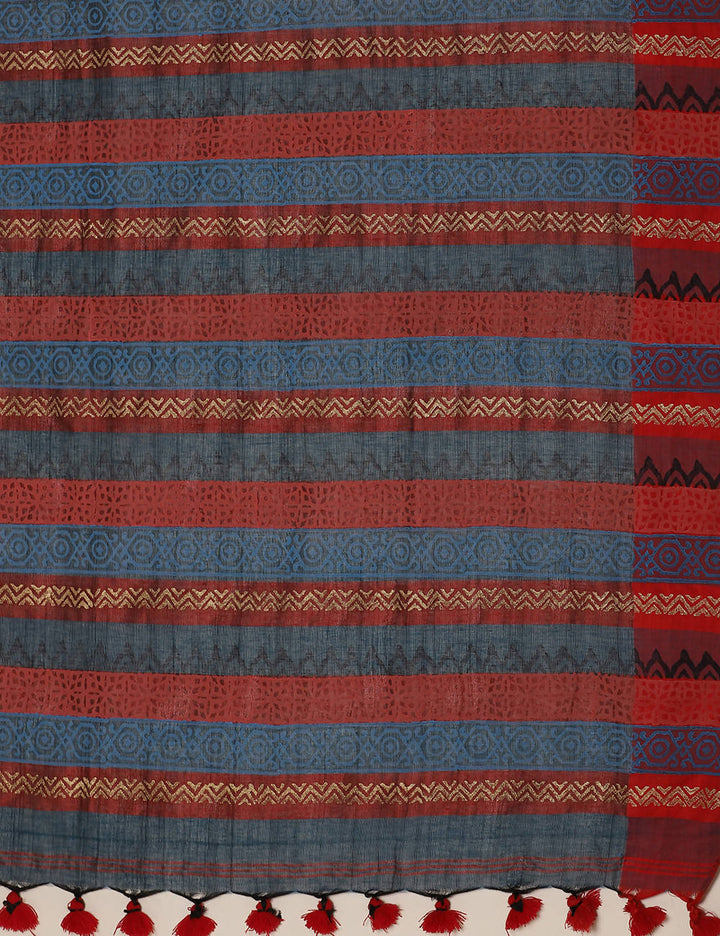 Blue handloom hand block printed cotton saree