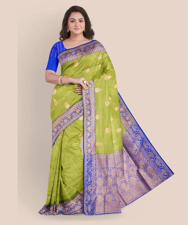 Light green blue handwoven katan silk banarasi saree