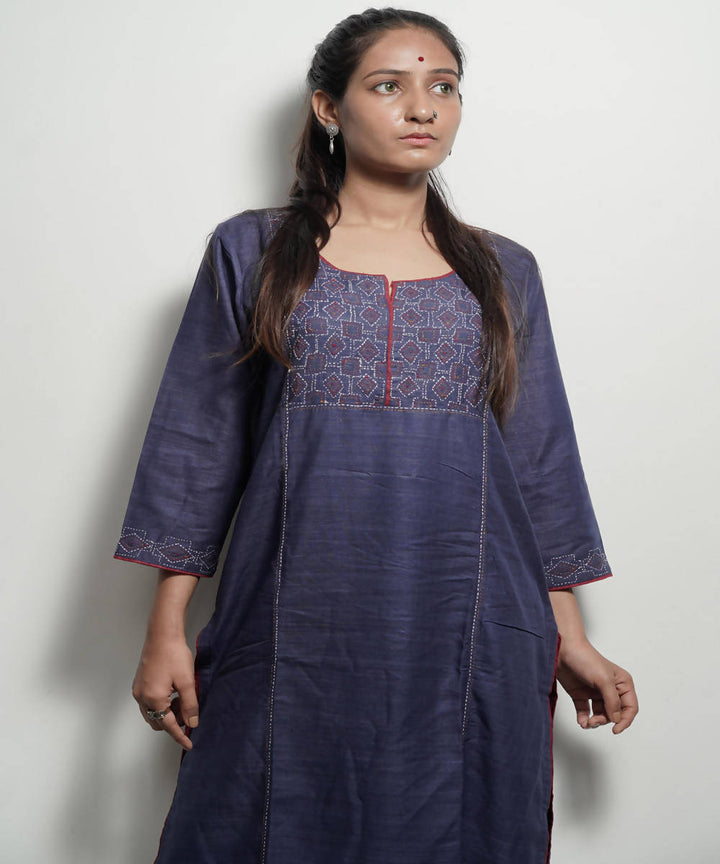 Indigo full length sleeves kantha work silk kurti