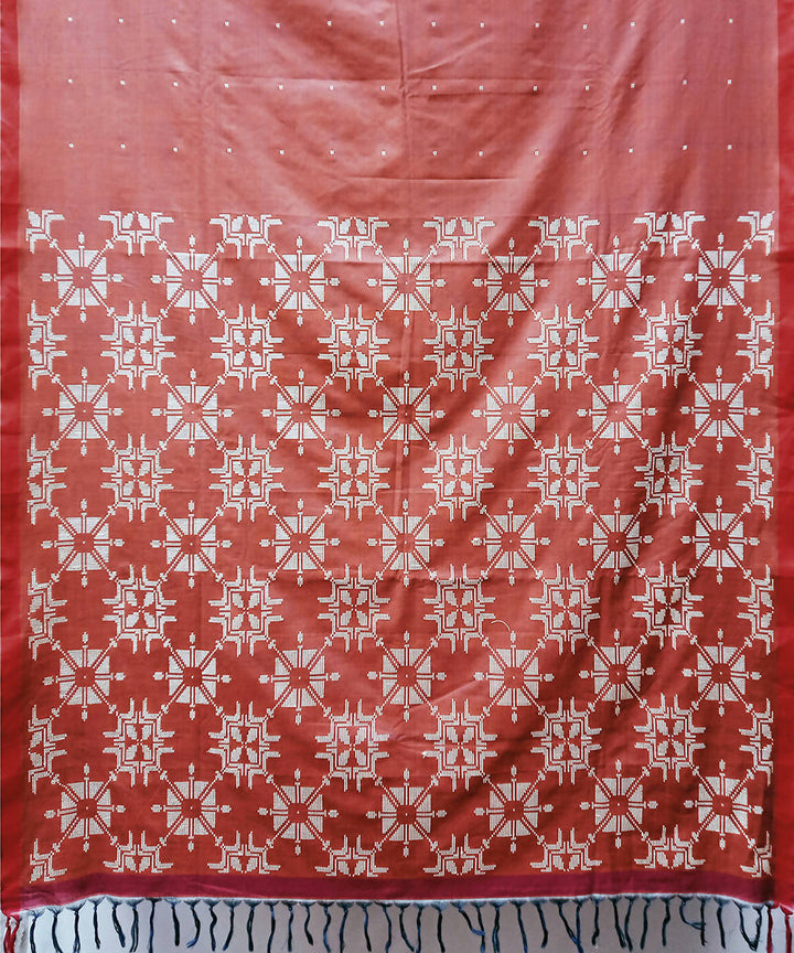 Brick brown white handwoven extra weft cotton saree