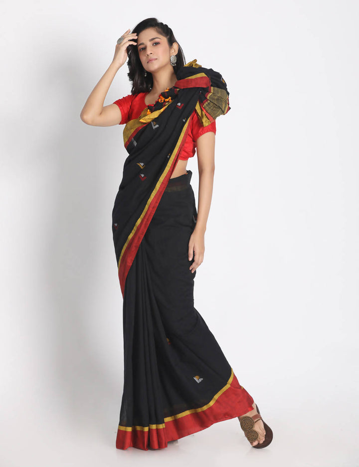 Black handspun handwoven cotton saree